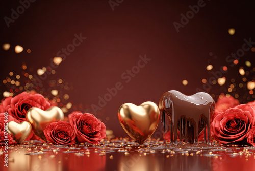 A romantic arrangement featuring red roses, golden hearts, and dripping chocolate against a warm backdrop, perfect for love-themed occasions.
