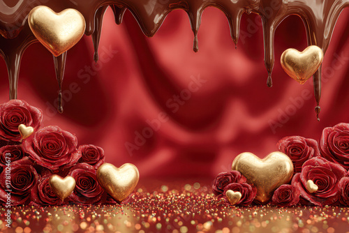 A romantic scene featuring red roses, golden hearts, and dripping chocolate over a rich red background, perfect for celebrations or special occasions.