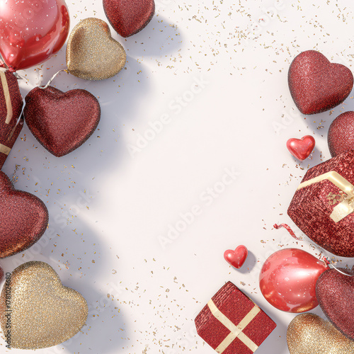 A festive arrangement of sparkling red and gold hearts and gifts, perfect for celebrations and romantic occasions.