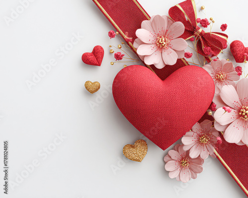 A vibrant arrangement featuring a red heart, decorative flowers, and smaller hearts, perfect for Valentine's Day or romantic occasions.