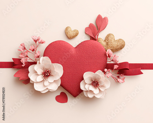 A decorative arrangement featuring a red heart, flowers, and small hearts, evoking themes of love and affection.