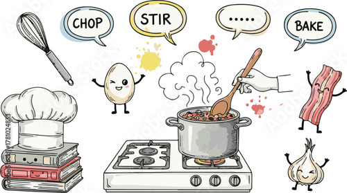 Cooking instruction concept doodle illustration with food and kitchenware set Vector
