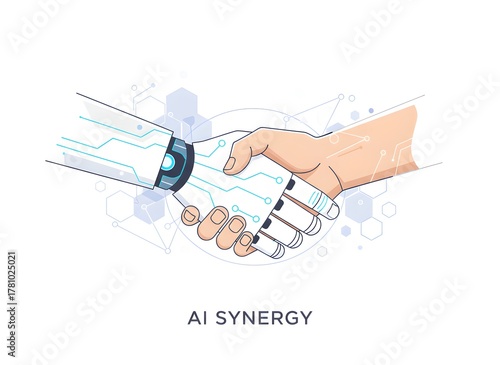 Human and robot handshake representing collaboration, partnership, and future technology advancements, creating a dynamic and innovative business environment
