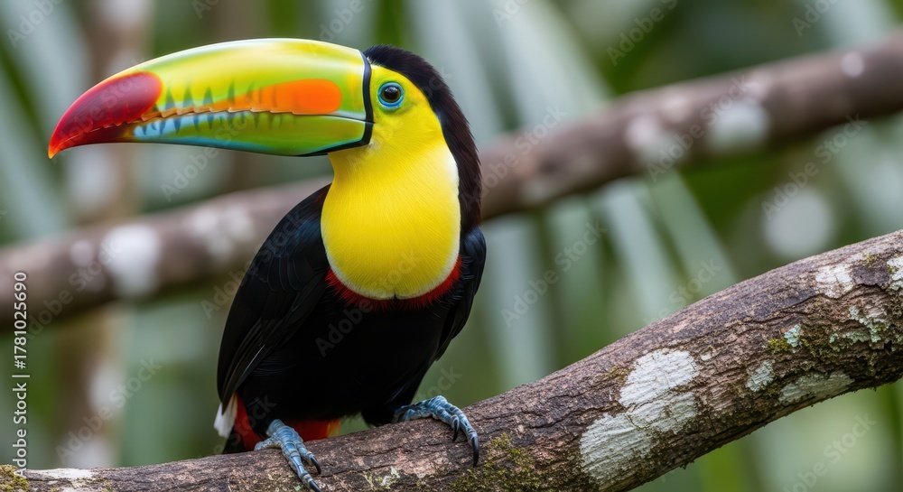 Naklejka premium Colorful keel-billed toucan perched on branch in lush jungle
