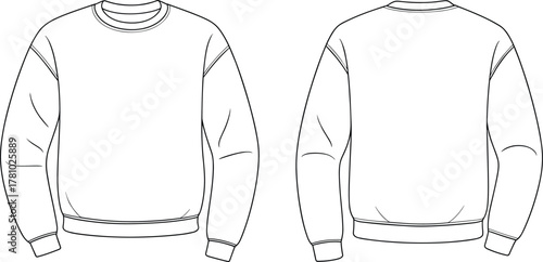 Blank sweatshirt fashion vector template front and back view, unisex crewneck pullover outline design for apparel mockup illustration