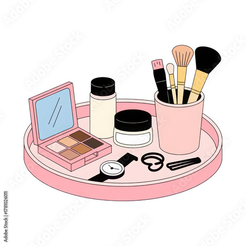 Pink beauty and personal care tray arrangement isolated on transparent background