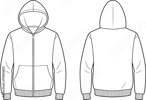 Blank zip up hoodie vector template front and back view, unisex sweatshirt fashion design flat sketch illustration for apparel mockup