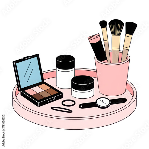 3d rendered beauty products and accessories on a pink tray isolated on transparent background