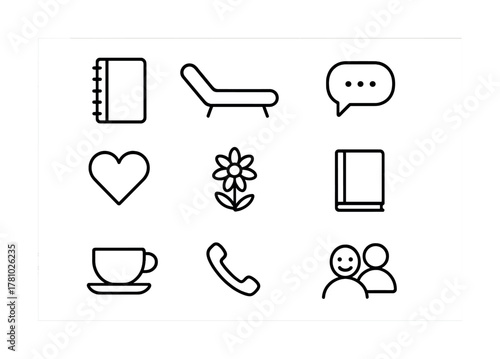 Simple black icons set: journal, lounge chair, chat, heart, flower, book, coffee, phone, people