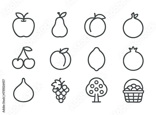Line art fruit icons set featuring apple, pear, cherry, lemon, and more