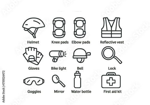 Essential cycling safety gear icons: helmet, pads, vest, gloves, light, bell