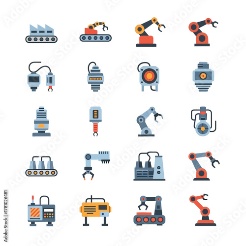 A colorful flat icon set of industrial robotic arms, conveyor belts, and automated factory machinery for modern manufacturing processes.