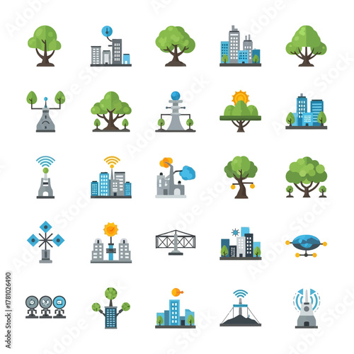 A colorful flat vector icon set illustrating smart city concepts, green technology, and futuristic urban landscapes with trees and buildings.