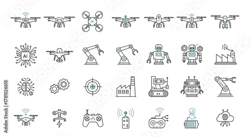 A set of minimalist line art icons representing drones, robotics, artificial intelligence, and industrial automation concepts.
