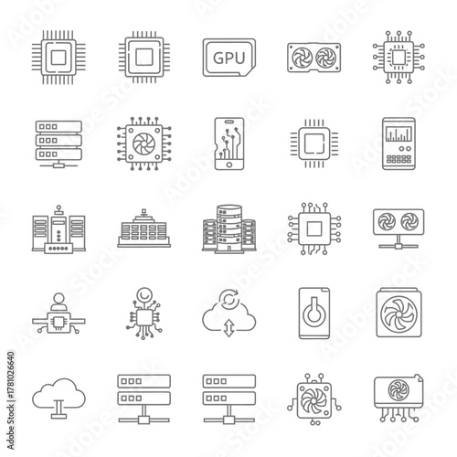 A set of hand-drawn line art icons representing computer hardware, data centers, and cloud computing technology.