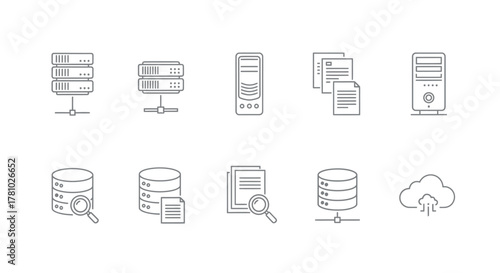 A set of ten minimalist, hand-drawn line art icons depicting data servers, databases, file search, and cloud computing technology.