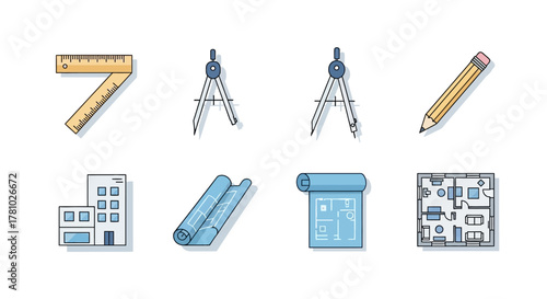 Architectural drafting tools and blueprints set with hand-drawn style.