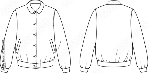 Flat technical sketch of classic bomber jacket with front buttons, ribbed cuffs, waistband, collar, and casual unisex outerwear fashion design