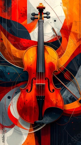 Artistic depiction of a violin with bold colors and abstract shapes, vertical composition