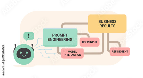 An illustration depicts a friendly chatbot guiding users through prompt engineering processes to achieve desired business results, offering refinement.