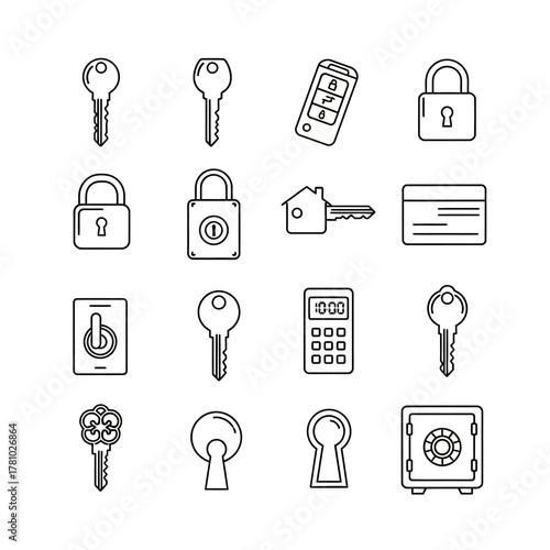 Collection of Black and White Line Art Security Icons and Symbols.