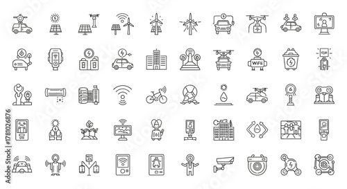 Collection of Black and White Line Art Icons Representing Technology and Innovation.