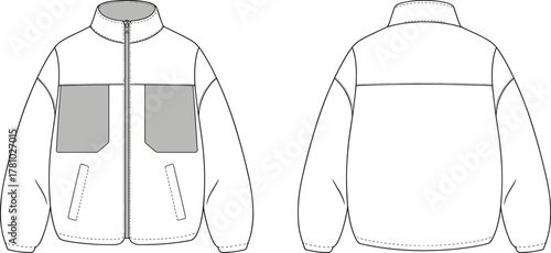 Flat technical sketch of men’s zip-up bomber jacket with stand collar, contrast chest panels, front pockets, and elastic cuffs design