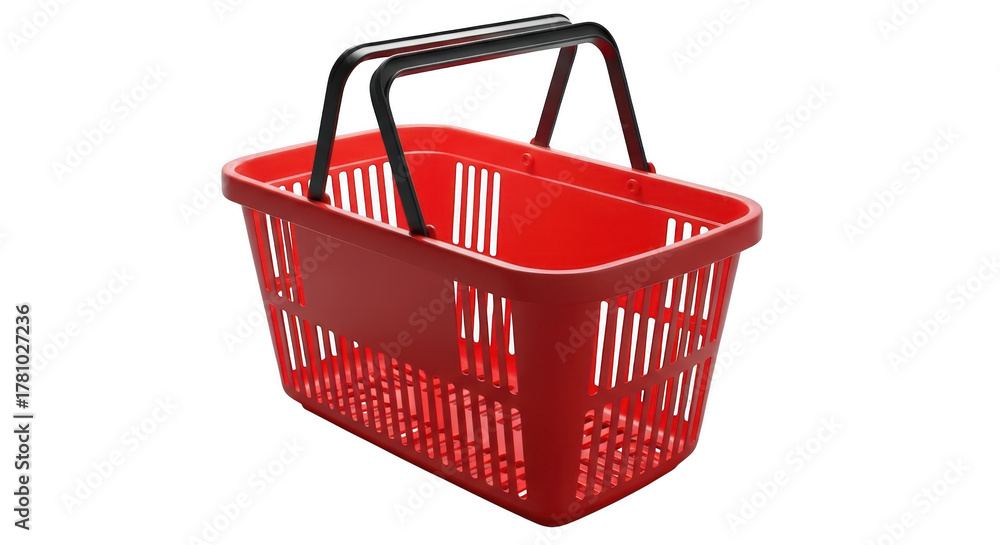 Fototapeta premium Bright red plastic shopping basket with black handles on a dark setting illustration