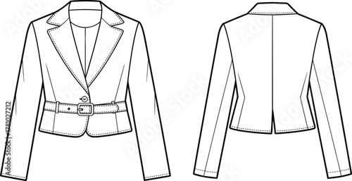 Flat technical sketch of women’s tailored blazer jacket with lapel collar, waist belt, long sleeves, and fitted fashion design