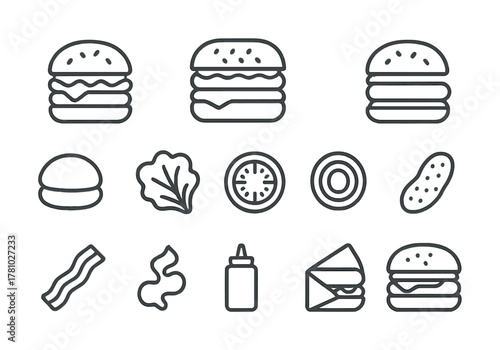 Burger ingredients and outline icons set featuring sandwich and sauce elements