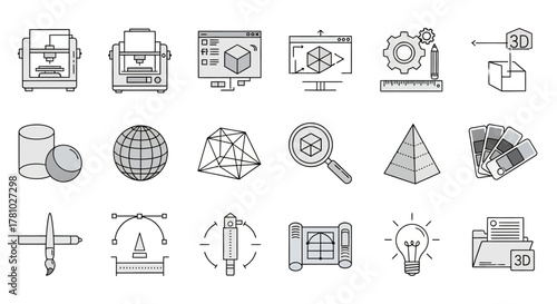 Collection of Hand-Drawn Icons Representing 3D Printing and Design Processes.