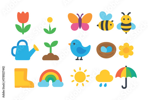 Colorful spring icons: nature, wildlife, weather, garden elements