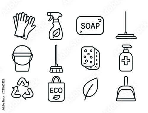 Eco-friendly cleaning supplies icons: gloves, spray, soap, mop, bucket, sponge, detergent, recycling