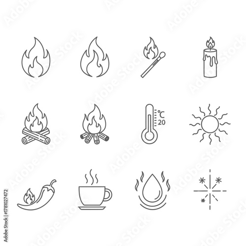 Collection of Line Art Icons - Flames, Firewood, Thermometer, Sun, Chili, Coffee, Water Drop, Snowflake.