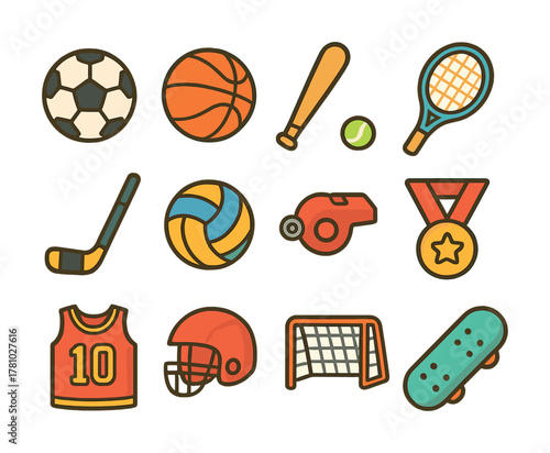 Colorful sports equipment icons featuring soccer, basketball, and more