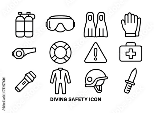 Diving safety icons set: mask, flippers, gloves, and emergency equipment symbols