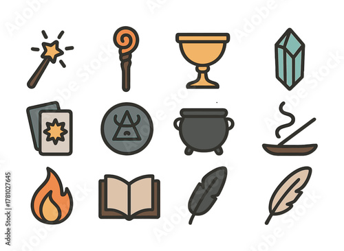 Magic icons set: wand, crystal, potion, tarot, fire, book, feather, cauldron