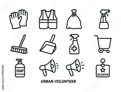 Urban volunteer icons: cleaning tools and equipment for community service