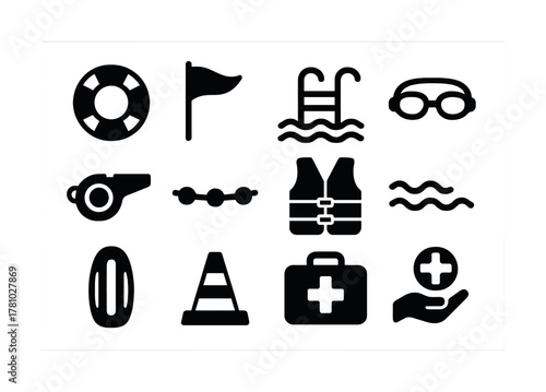 Collection of black swimming safety icons: whistle, lifebuoy, goggles, life vest, first aid
