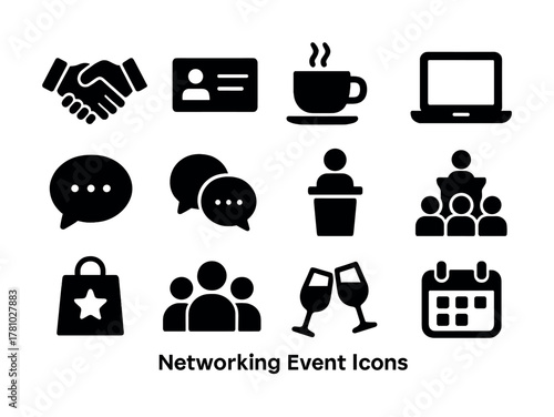 Networking event icons: handshake, name tag, coffee, laptop, speech, group, calendar