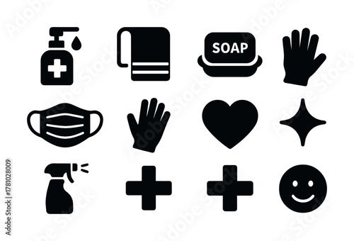 Essential hygiene icons: soap, gloves, mask, towel, spray, heart, plus sign, smiley face