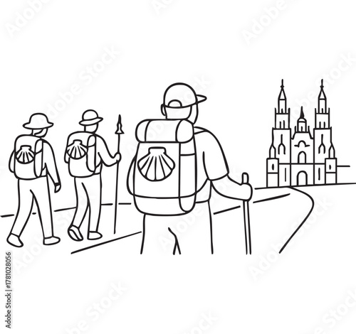Pilgrims walking to santiago de compostela cathedral on camino