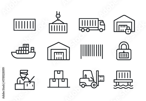 Logistics and shipping icon set: containers, trucks, warehouses, forklifts, barcodes, security
