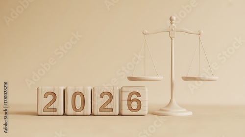 Conceptual view of 2026 with justice scales, signifying future legal reforms, ethical decisions, and evolving regulatory policies