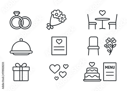 Wedding icon set: rings, bouquet, cake, and heart icons for celebrations