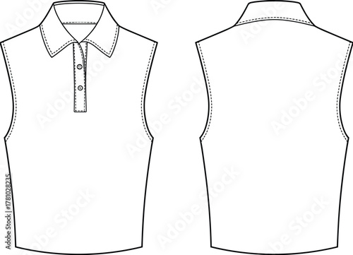 Sleeveless polo shirt vector fashion flat sketch front and back view for clothing design, apparel template and garment illustration