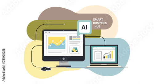 A modern illustration shows a computer setup with AI integration, symbolizing a smart business hub and technological advancement.