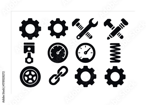 Automotive tools and gear icons: wrench, gauge, piston, spring, wheel, chain