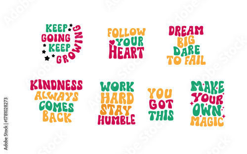 This bundle includes bold, retro-style quotes in fun bubble lettering — perfect for t-shirts, stickers, posters, tote bags, mugs, and social media graphics. Each design features bright, playful colors