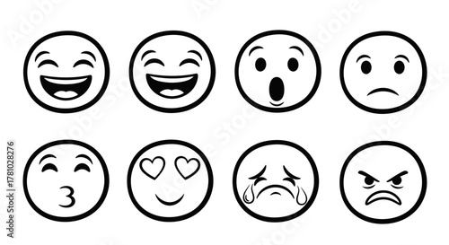 Simple Emotion Faces Icon Set | Black Line Emoji Expressions